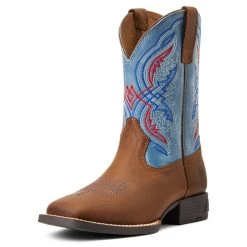'Ariat' Youth Double Kicker Square Toe - Distressed Brown / Stone Blue -Footwear Sales Store S22 YTH WEST 10040247 3 4 front 1024x1024@2x